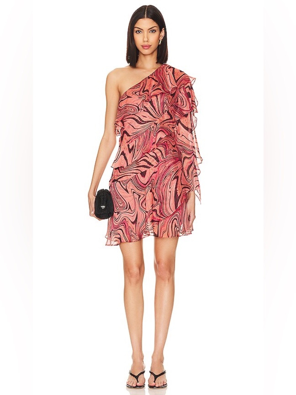 MISA LOS ANGELES Selena Dress Feeling Groovy One-Shoulder Pink Print XS NWT